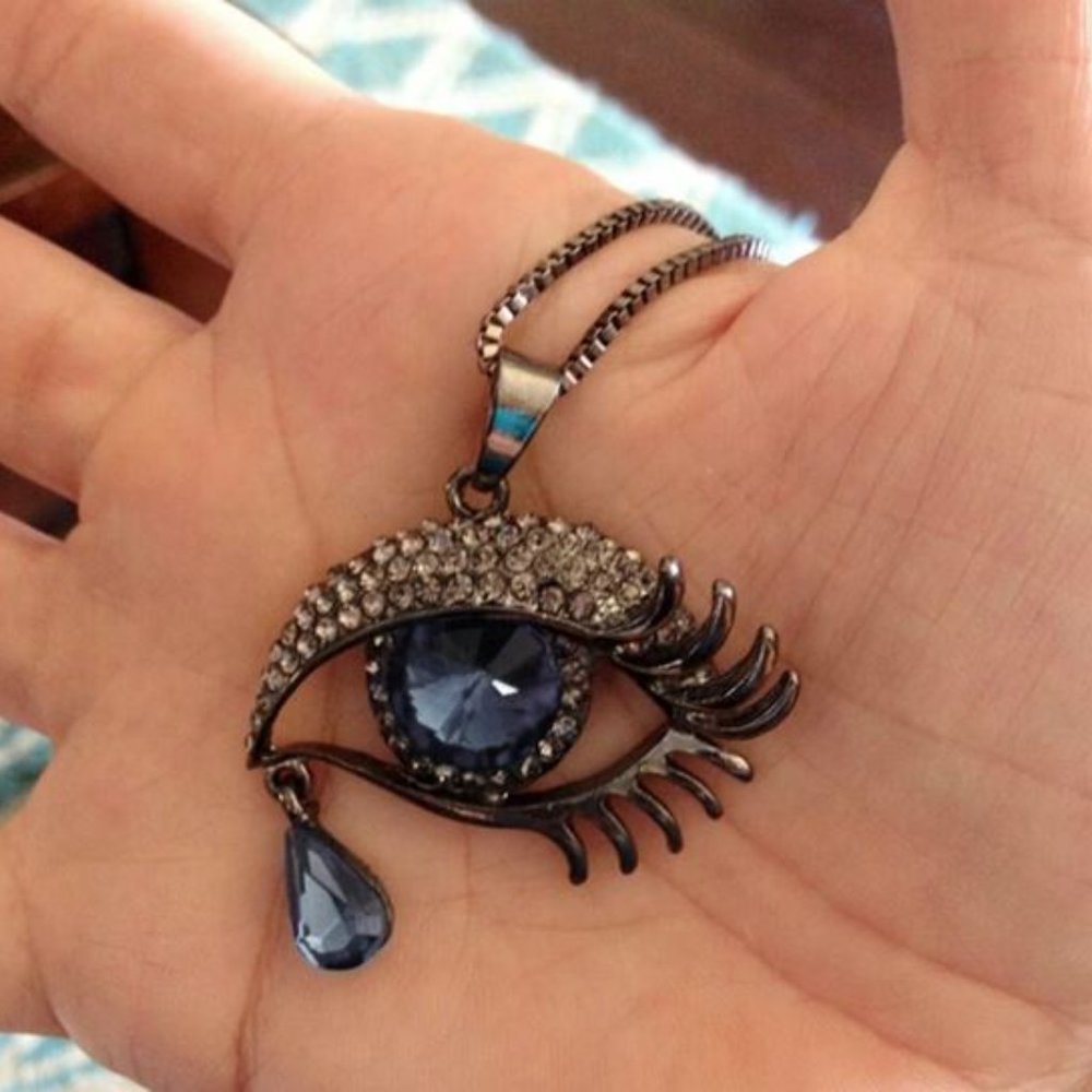 Blue Eye Crystal Teardrop Pendant Necklace Hamsa Rhinestone Magic Long Chain
